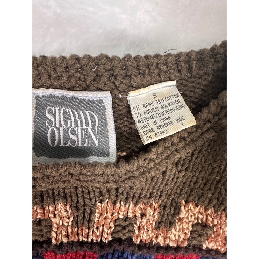 Sigrid Olsen Hand Knit Sweater Small Brown Red Geometric Tribal Vintage Women - Picture 2 of 7
